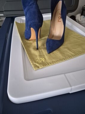 FSJ Navy Blue Suede Pointed-Toe Stiletto Pumps